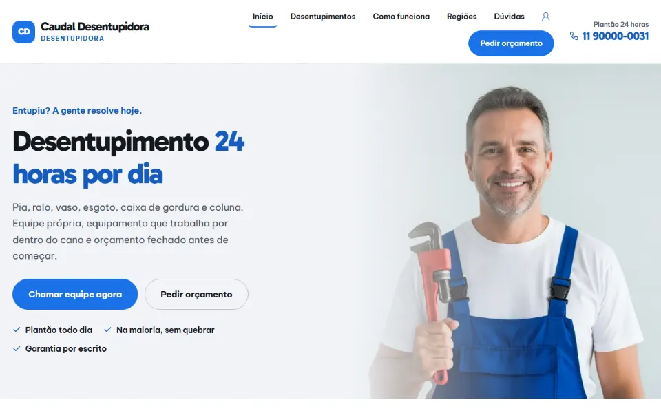 Primeira tela de uma página de vendas de serviço: promessa no título, botão de chamar a equipe e telefone do plantão