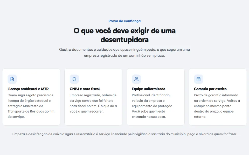 Bloco de prova de uma página de vendas: licença ambiental, CNPJ e nota fiscal, equipe uniformizada e garantia por escrito