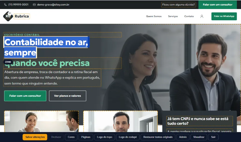Site de escritório contábil em modo de edição, com o título selecionado para troca e a barra Salvar alterações no rodapé da tela