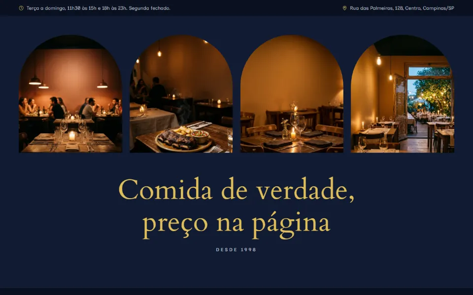 Primeira tela do site de restaurante Brasa com horário de funcionamento e endereço no topo, fotos do salão e o título comida de verdade, pre