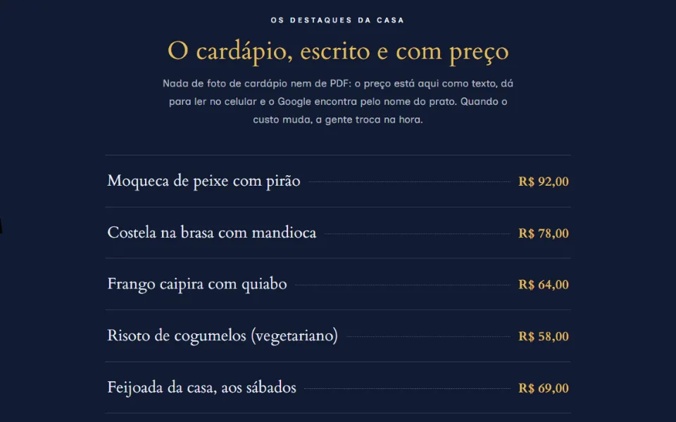 Cardápio escrito em texto no site do restaurante, com o nome de cada prato e o preço ao lado