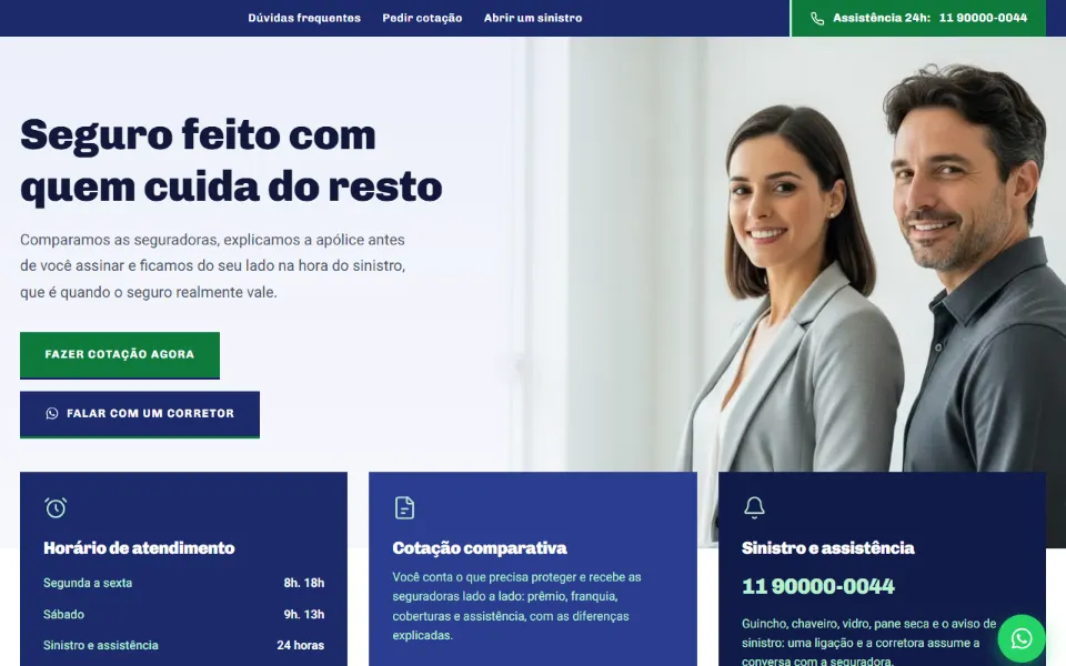 Primeira tela do site de uma corretora de seguros com botões de fazer cotação e falar com um corretor, horário de atendimento e telefone de 