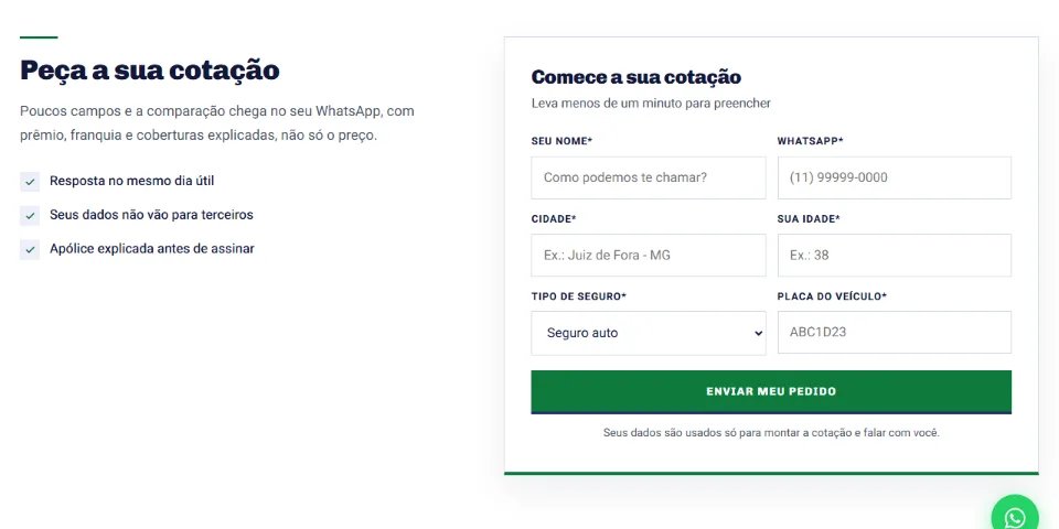 Formulário de cotação no site de uma corretora de seguros, com nome, WhatsApp, cidade, idade, tipo de seguro e placa do veículo