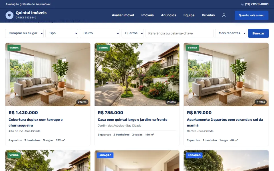 Catálogo de imóveis de um site de imobiliária com filtros de operação, tipo, bairro e quartos e fichas com foto e preço