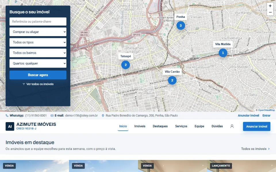 Site de imobiliária com o CRECI ao lado do nome, a busca de imóveis por tipo, bairro e quartos e o mapa com os imóveis por região