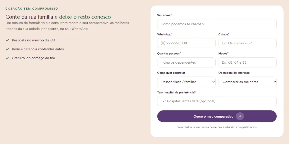 Formulário de cotação de plano de saúde ao lado da promessa de resposta no mesmo dia útil, rede e carência conferidas e atendimento gratuito