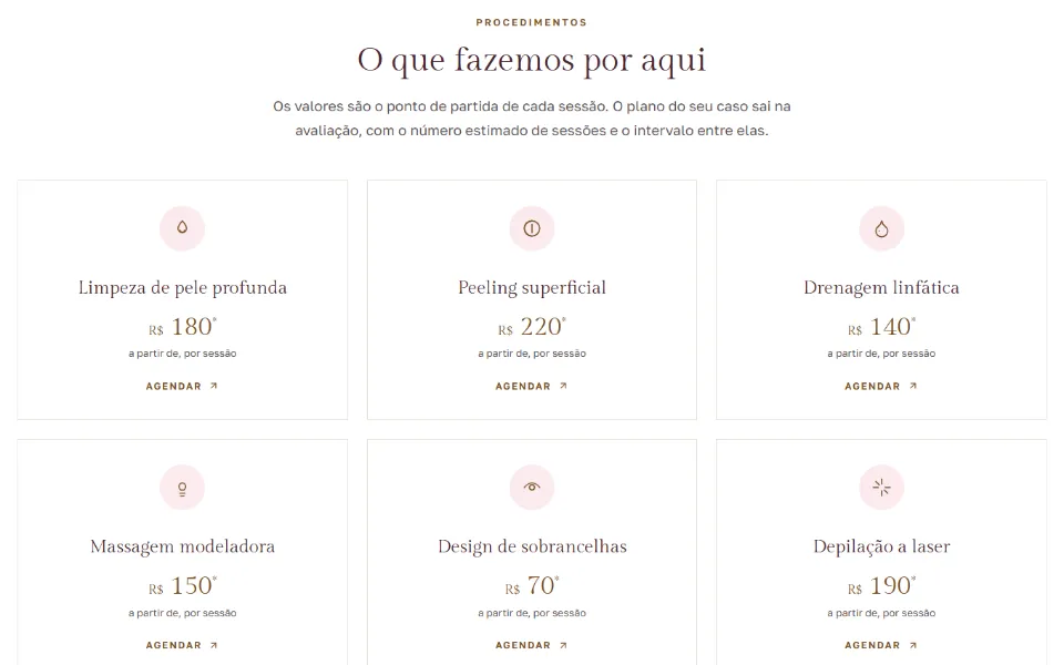 Lista de procedimentos no site de um salão de estética com o nome de cada serviço, o preço a partir de por sessão e o botão agendar