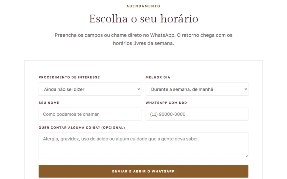 Formulário de agendamento de salão de estética com procedimento de interesse, melhor dia, nome, WhatsApp e o botão enviar e abrir o WhatsApp