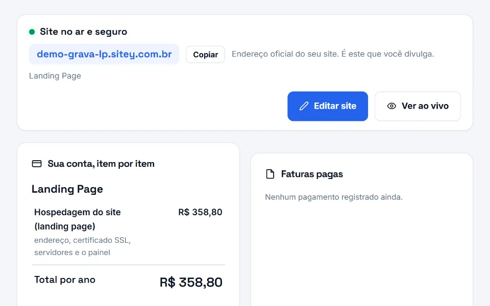 Tela Faturamento do painel de uma landing page: hospedagem do site como único item da conta, com o total por ano