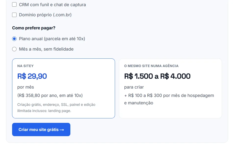 Calculadora de preço de site com a opção landing page marcada, mostrando o valor por mês e o mesmo site numa agência