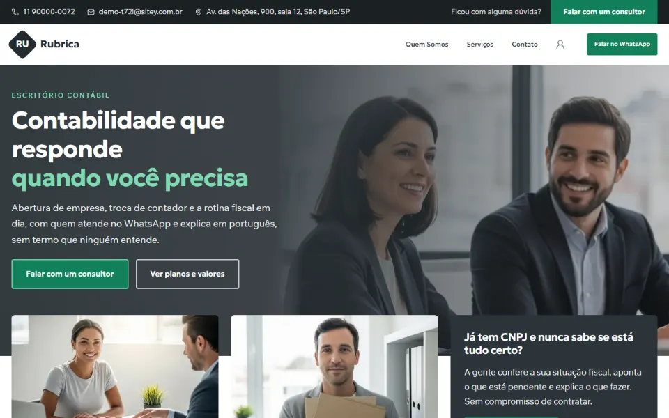 Site institucional de um escritório de contabilidade, com menu para Quem Somos, Serviços e Contato e os serviços em cartões
