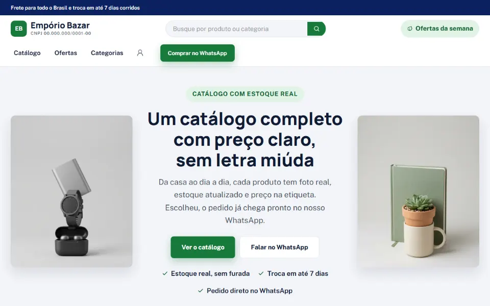 Página inicial de uma loja virtual com busca de produtos, botão Ver o catálogo e pedido pelo WhatsApp