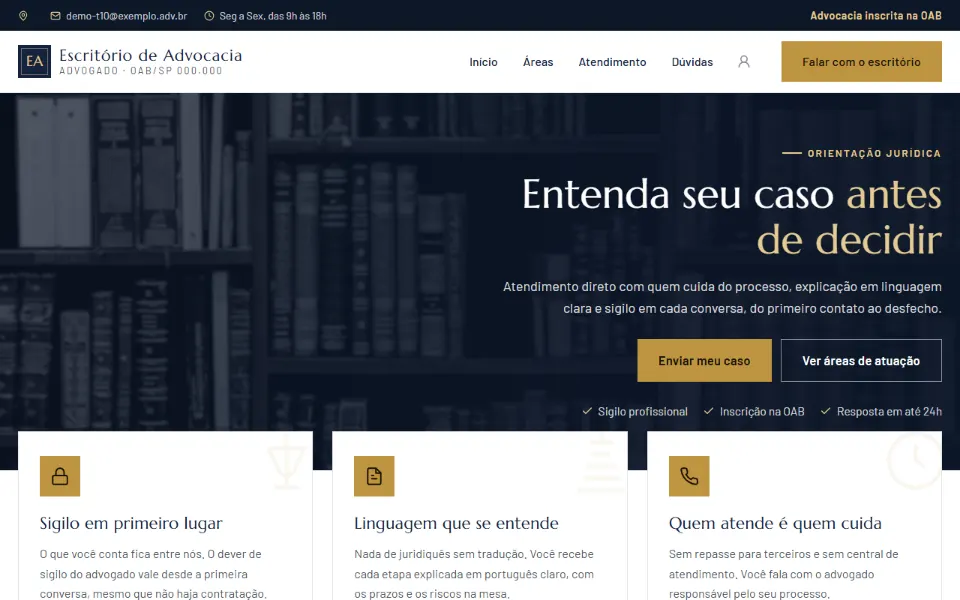 Página de escritório de advocacia com o número da OAB junto ao nome, a chamada para enviar o caso e os selos de sigilo profissional e inscri