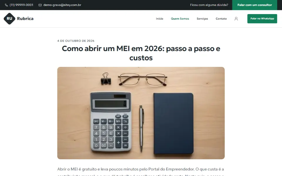 Artigo de blog publicado num site feito na Sitey: data, título, imagem de capa e o texto, com o menu do site no topo