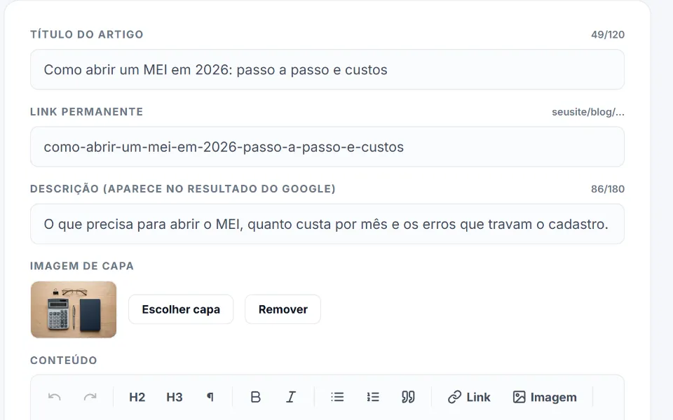 Editor de artigo do blog no painel da Sitey: título, link permanente, descrição para o Google, imagem de capa e a barra de formatação do conteúdo