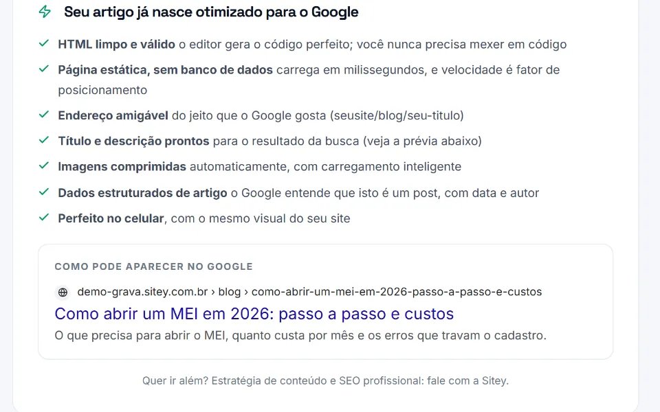 Painel da Sitey mostrando o que o artigo já traz pronto para o Google e a prévia de como o resultado pode aparecer na busca