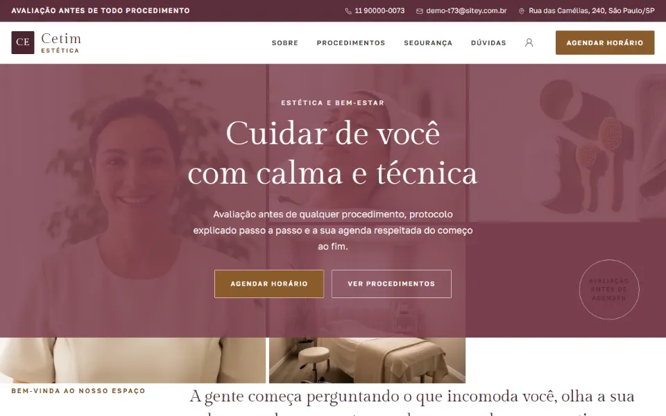 Landing page de clínica de estética feita na Sitey: promessa do procedimento, galeria de resultados e botão para agendar horário