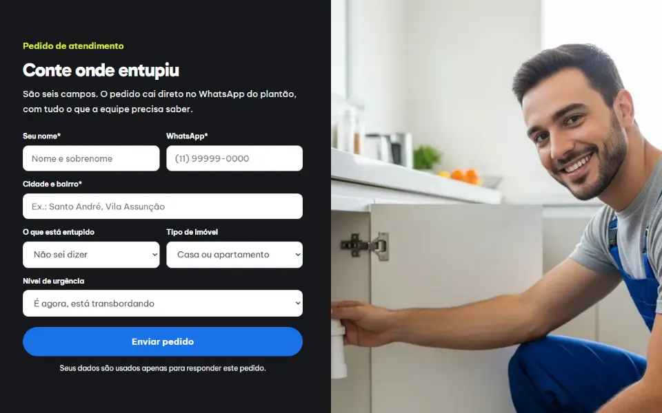 Formulário de pedido de uma landing page de desentupidora feita na Sitey: seis campos, botão de enviar e aviso sobre o uso dos dados