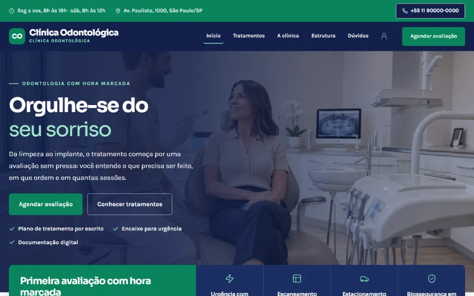 Landing page de clínica odontológica feita na Sitey: promessa do tratamento, CRO à vista e botão para agendar avaliação
