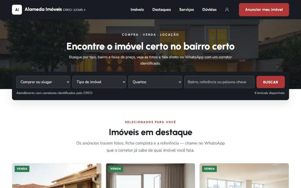 Landing page de imobiliária feita na Sitey: busca de imóveis na primeira tela, CRECI no lugar certo e contato pelo WhatsApp