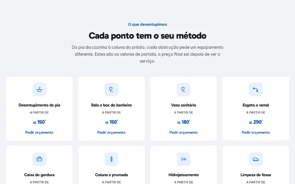 Bloco de oferta de uma landing page de desentupidora feita na Sitey: cada serviço num cartão com o preço de partida e o botão de orçamento