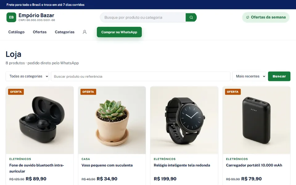 Catálogo de uma loja virtual feita na Sitey: produtos com foto, categoria, preço, selo de oferta, filtro por categoria e busca