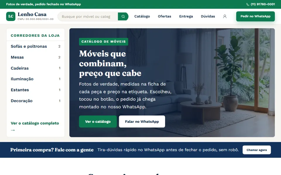 Loja virtual de móveis e decoração feita na Sitey, com as categorias por ambiente