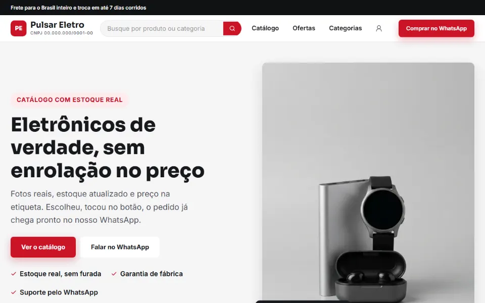 Loja virtual de eletrônicos feita na Sitey, com os produtos em destaque e a busca