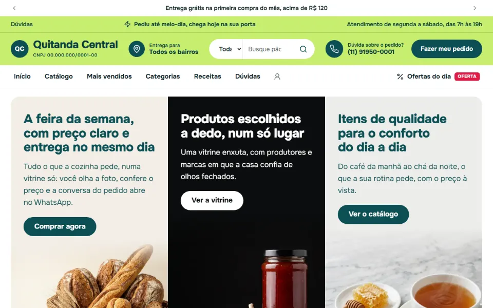 Quitanda online feita na Sitey, com local de entrega no topo e as ofertas do dia