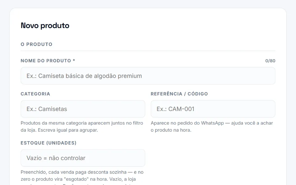 Ficha de novo produto no painel da Sitey, com nome, categoria, referência, estoque, preço e preço antigo para oferta