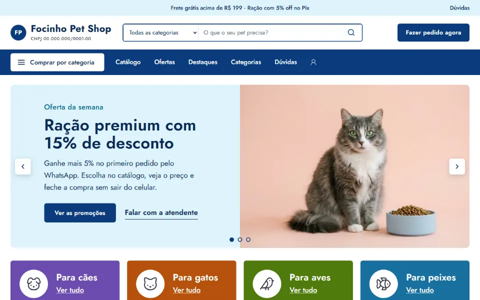 Loja virtual de pet shop feita na Sitey, com busca por tipo de animal e as ofertas