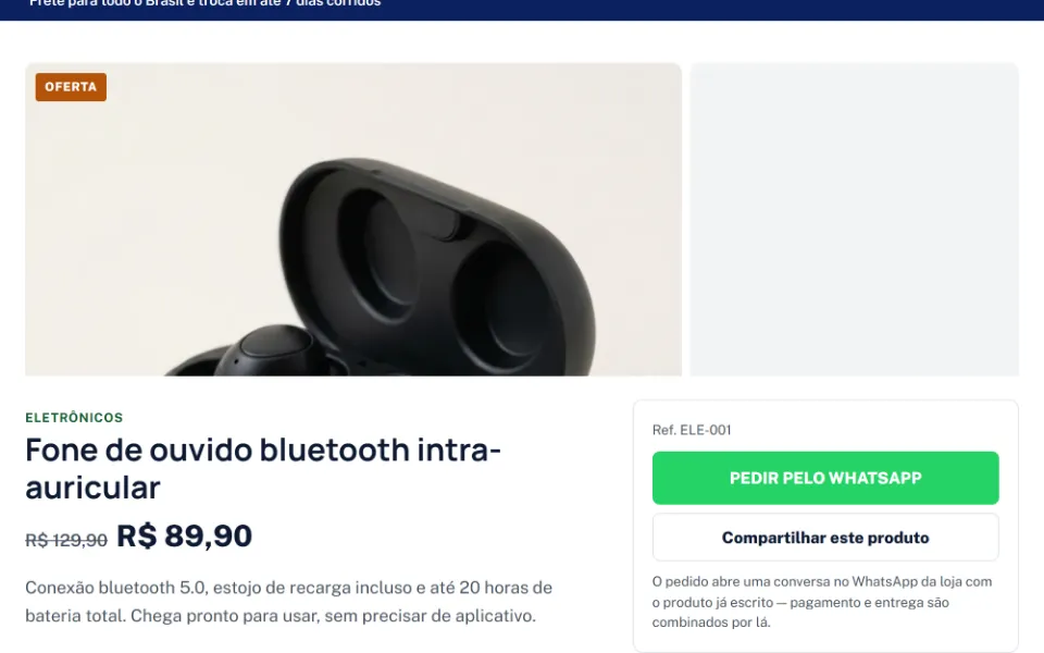 Página de produto de uma loja feita na Sitey: foto, categoria, nome, preço de oferta, descrição, referência e o botão de pedir pelo WhatsApp
