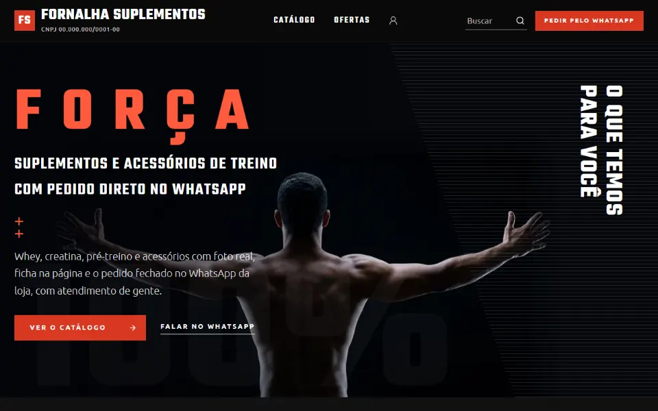 Loja virtual de suplementos feita na Sitey, com o catálogo e o pedido pelo WhatsApp
