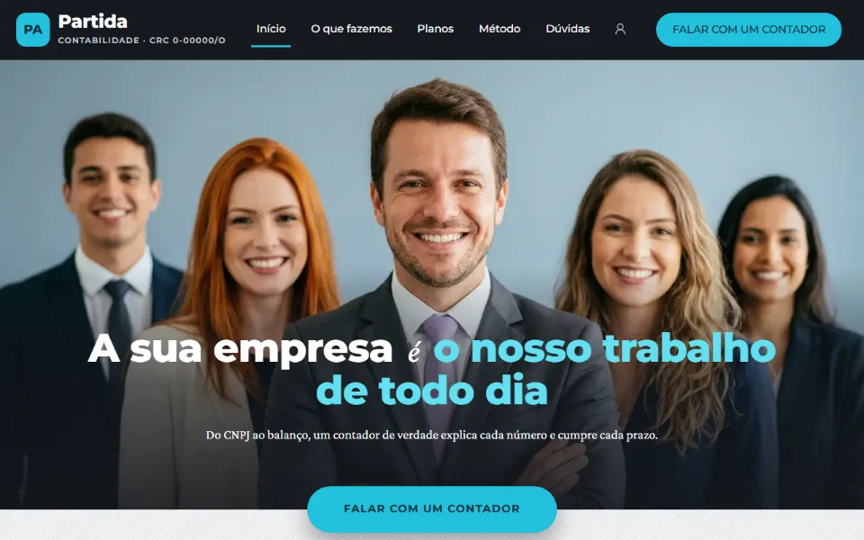 Site de escritório de contabilidade feito na Sitey, com os serviços por tipo de empresa