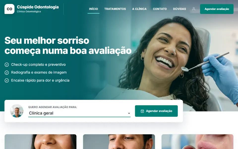 Site de clínica odontológica feito na Sitey, com um bloco para cada tratamento