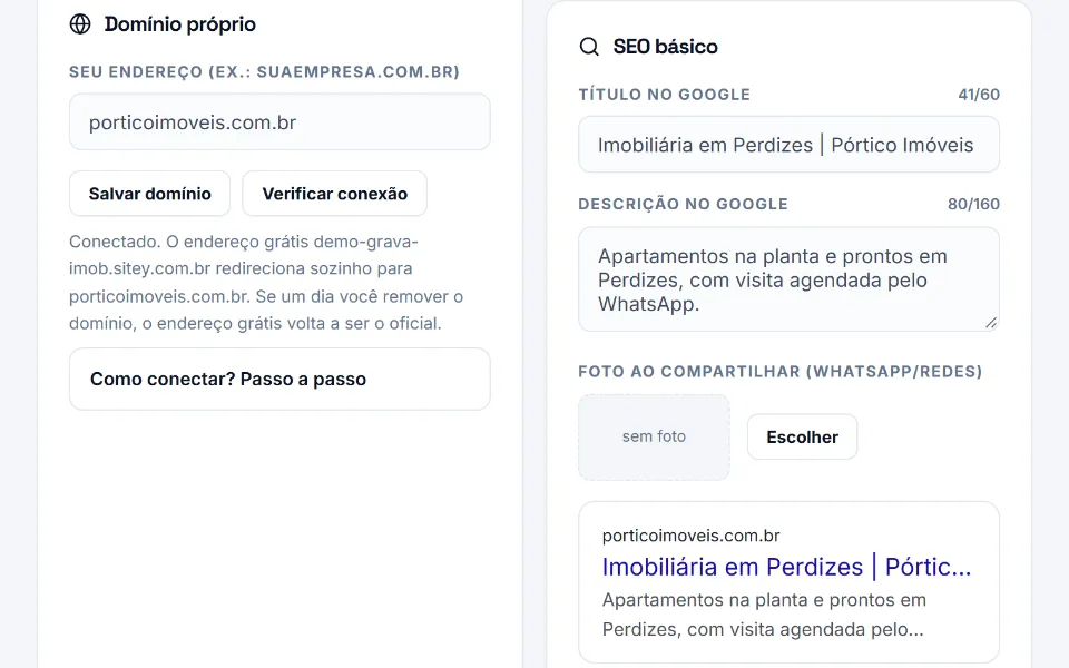 Painel da Sitey com o cartão SEO básico: título no Google, descrição no Google e a prévia de como o resultado aparece na busca, ao lado do domínio próprio conectado