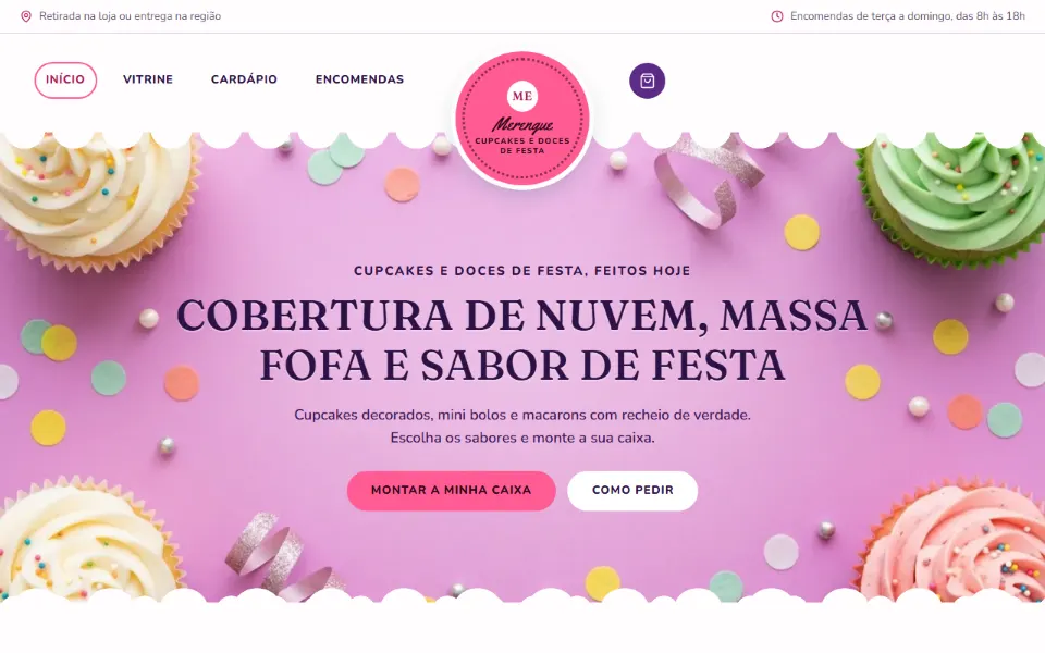 Site de confeitaria feito na Sitey, com o cardápio em texto e o pedido pelo WhatsApp