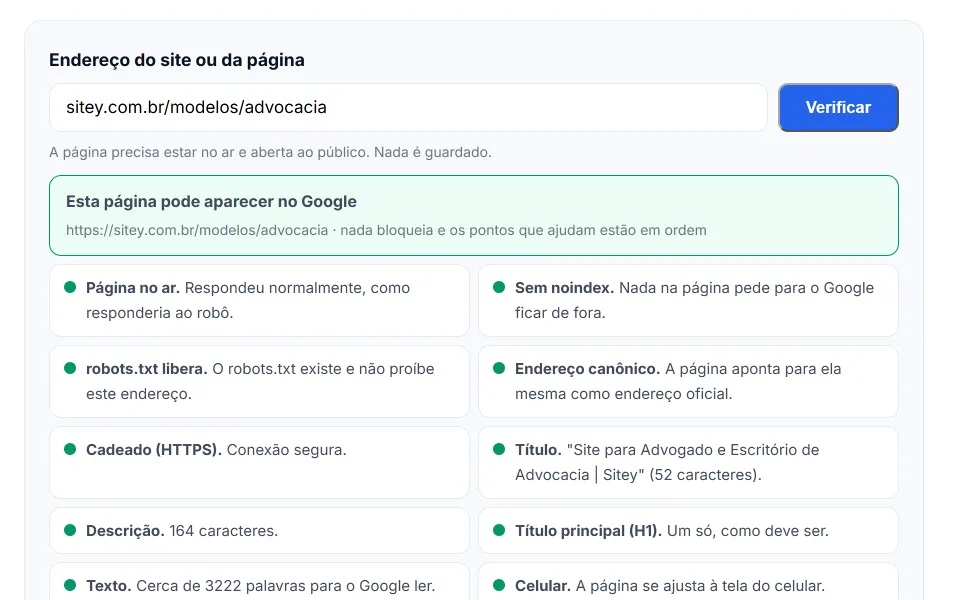 O verificador da Sitey mostrando que uma página pode aparecer no Google, com os itens conferidos e o link para a busca site: