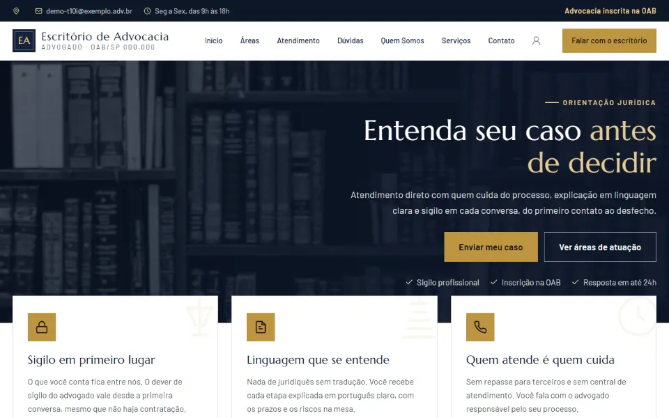 Página inicial de um site institucional de advocacia feito na Sitey: cabeçalho com OAB, menu com Quem Somos, Serviços e Contato, promessa e botão de contato