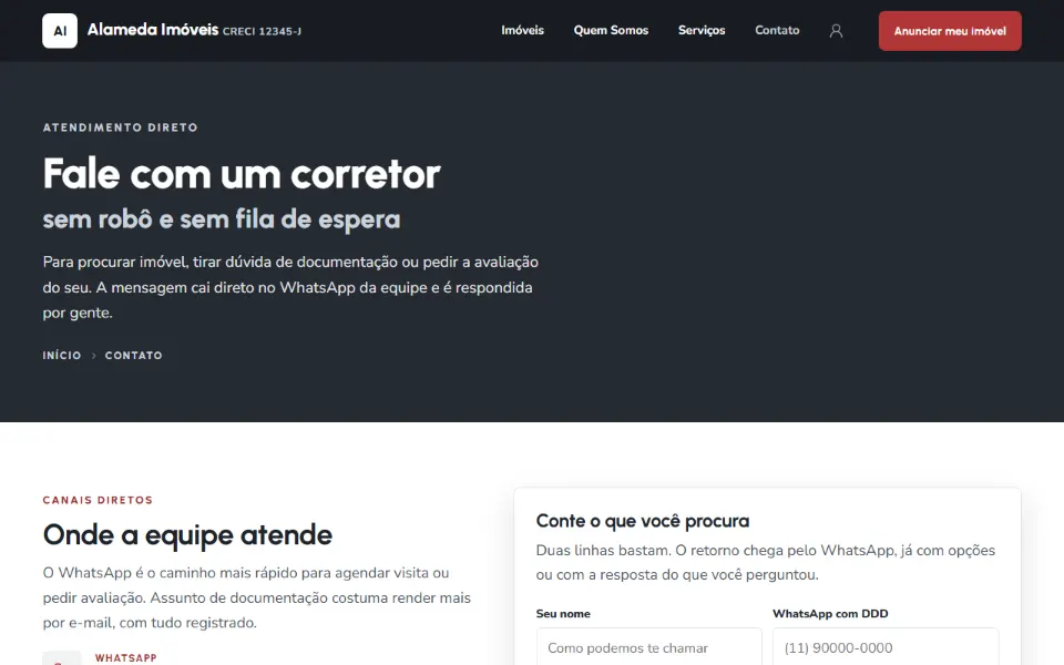 Página de Contato de uma imobiliária feita na Sitey, com formulário, WhatsApp, endereço e horário