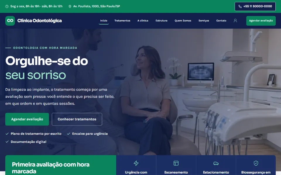 Clínica odontológica com os tratamentos em cartões, CRO à vista e agendamento pelo WhatsApp