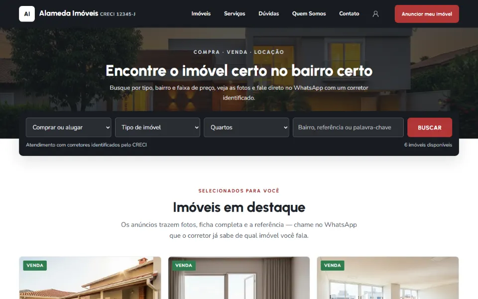 Imobiliária com vitrine de imóveis na inicial, CRECI no lugar certo e busca por bairro