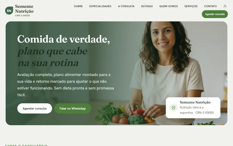 Consultório de nutrição com as especialidades, o CRN e o passo a passo da primeira consulta
