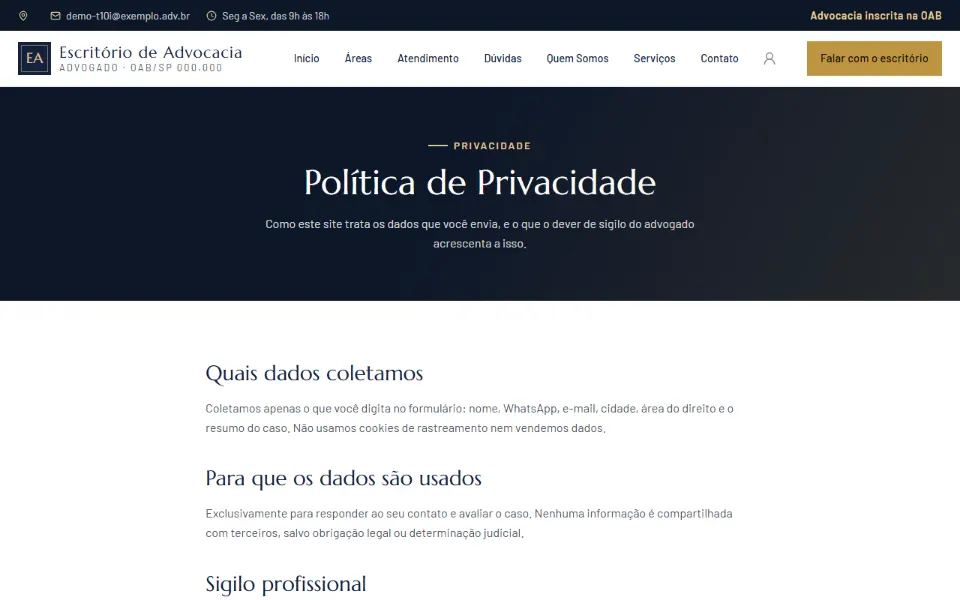 Página de Política de Privacidade de um escritório de advocacia feito na Sitey, já preenchida conforme a LGPD