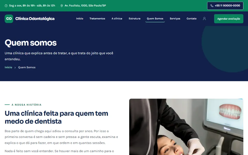 Página Quem Somos de uma clínica odontológica feita na Sitey, com a história, a equipe e os registros profissionais