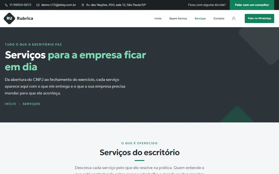Página de Serviços de um escritório de contabilidade feito na Sitey, com cada serviço explicado pelo que ele resolve